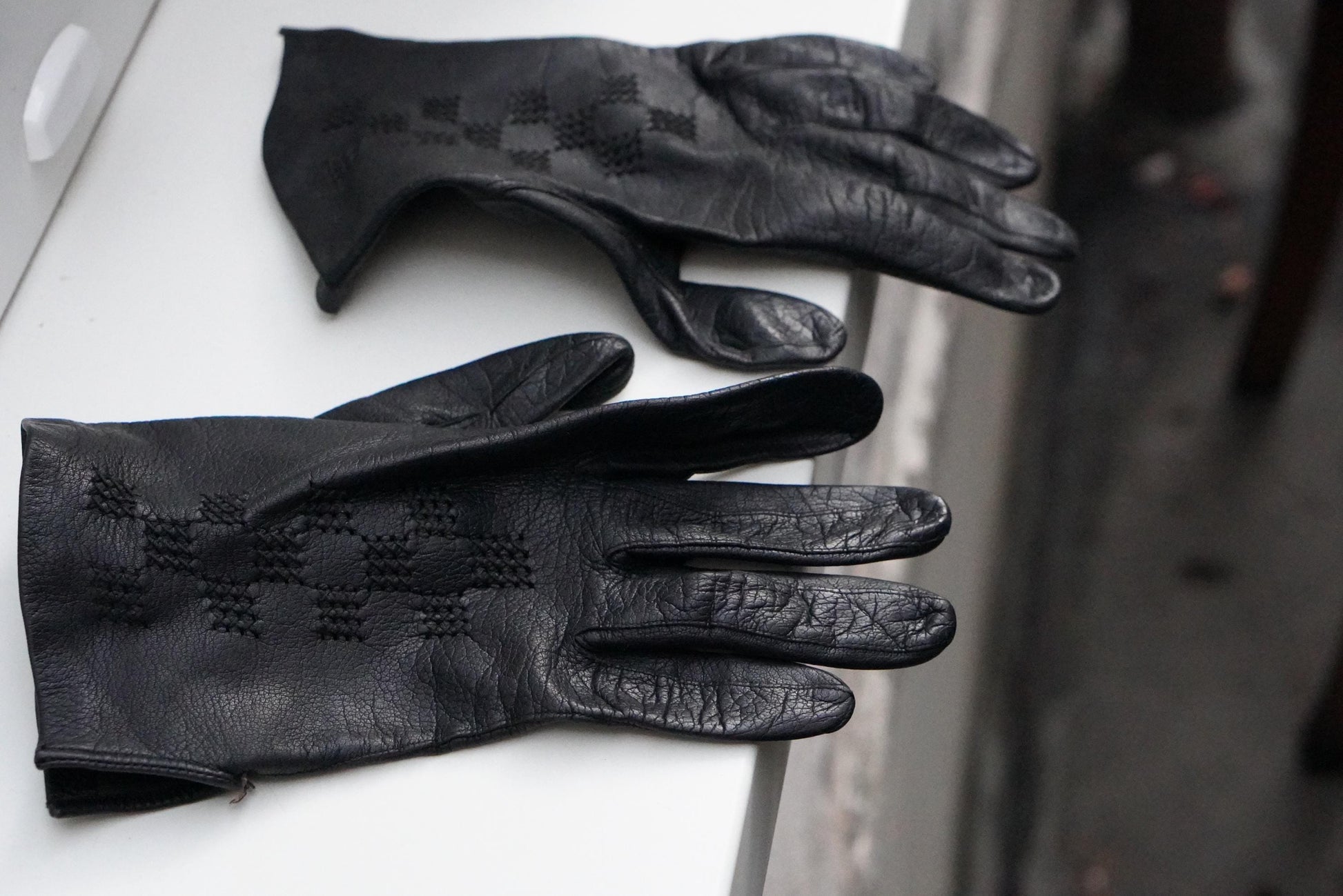 Vintage Black Leather Gloves Embroidered Geometric Pattern Mid Century Unlined Small
