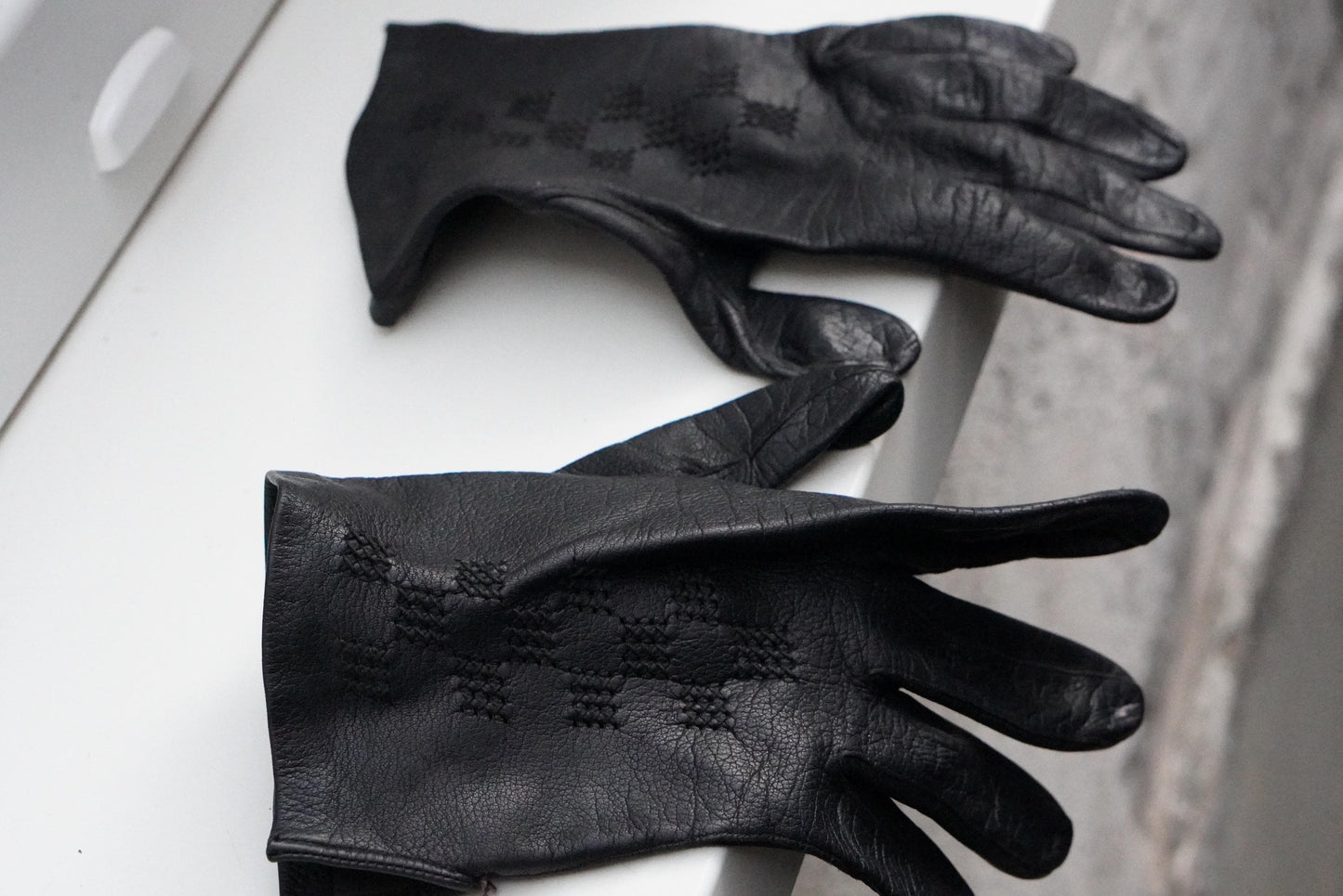 Vintage Black Leather Gloves Embroidered Geometric Pattern Mid Century Unlined Small