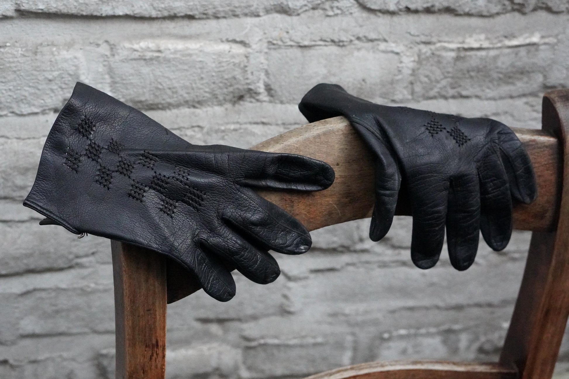 Vintage Black Leather Gloves Embroidered Geometric Pattern Mid Century Unlined Small