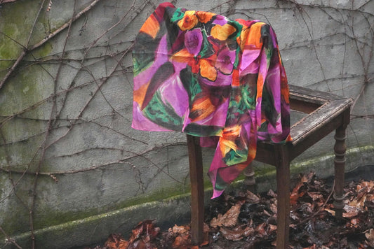 Vintage Floral Scarf| 80s Bold Pink Green Abstract Print Painterly Artistic Wrap