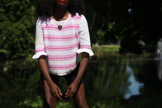 1970s Handmade Knit Top Vintage Boho White Pink Crochet Blouse Cottagecore