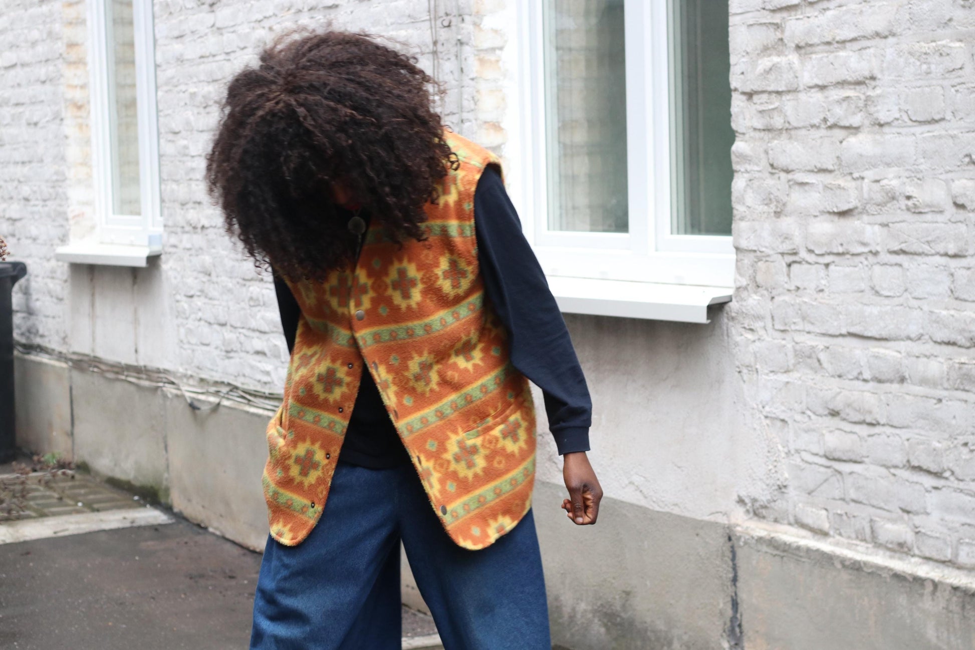 Vintage Southwestern Fleece Vest Orange Geometric Pattern Oversized Sleeveless Jacket
