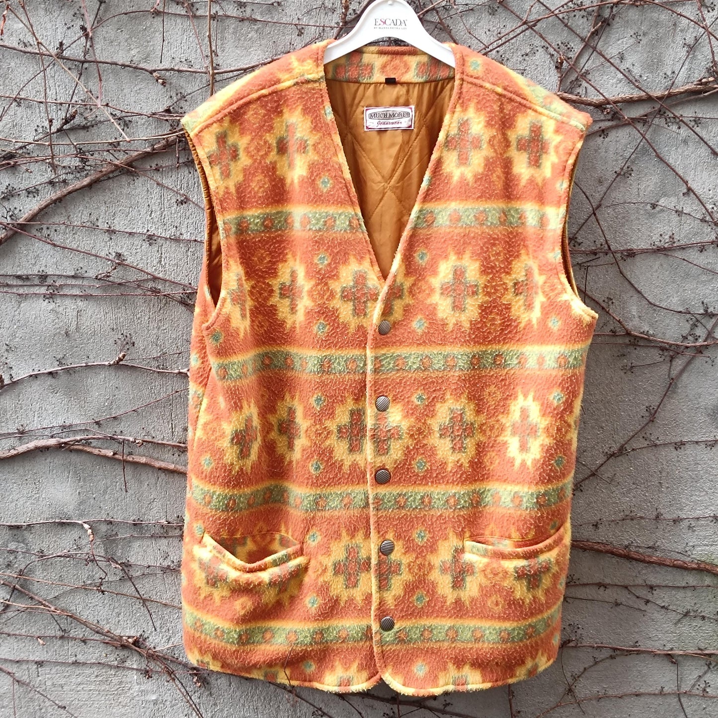 Vintage Southwestern Fleece Vest Orange Geometric Pattern Oversized Sleeveless Jacket