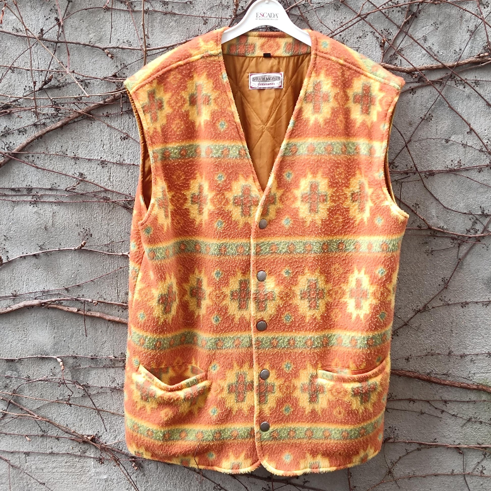 Vintage Southwestern Fleece Vest Orange Geometric Pattern Oversized Sleeveless Jacket