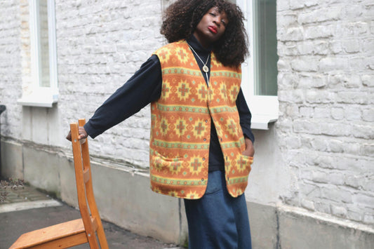 Vintage Southwestern Fleece Vest Orange Geometric Pattern Oversized Sleeveless Jacket