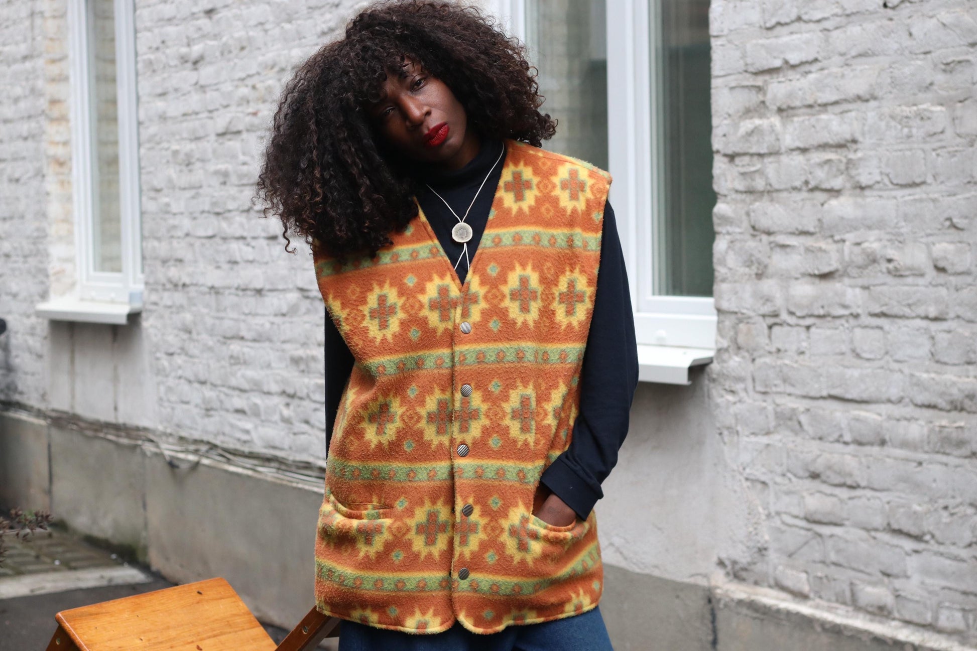 Vintage Southwestern Fleece Vest Orange Geometric Pattern Oversized Sleeveless Jacket