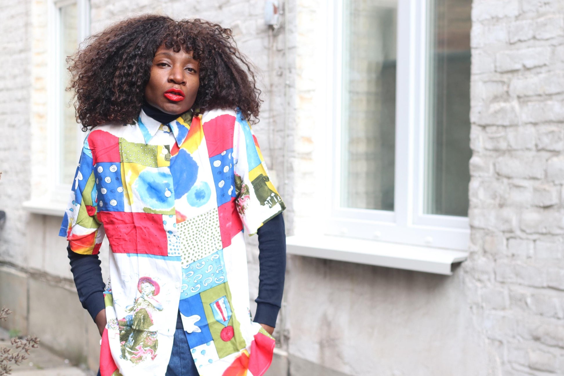 Vintage 90s Art Shirt| Unisex Abstract Patchwork Print Short Sleeve Viscose Blouse Size M