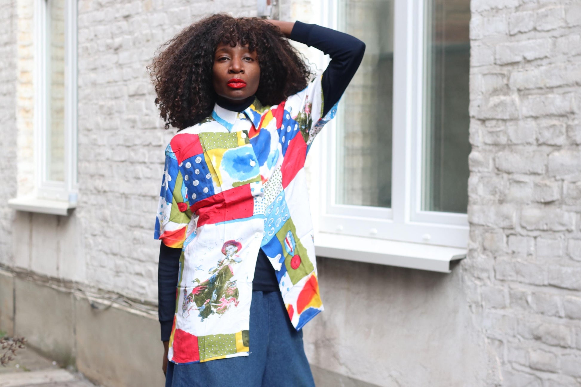 Vintage 90s Art Shirt| Unisex Abstract Patchwork Print Short Sleeve Viscose Blouse Size M