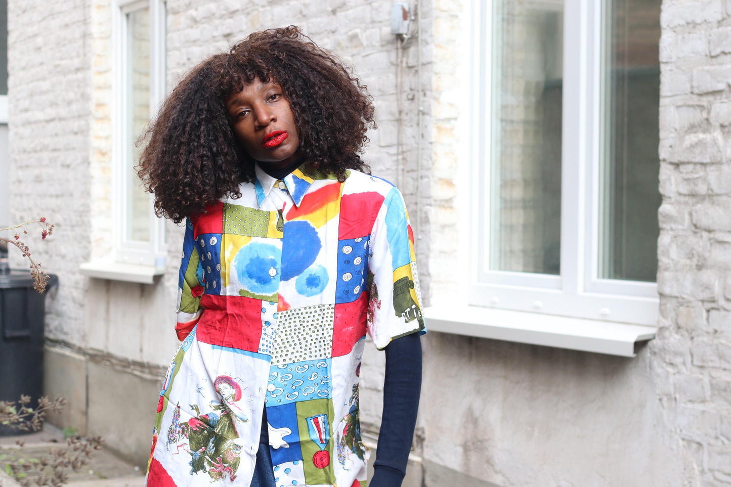 Vintage 90s Art Shirt| Unisex Abstract Patchwork Print Short Sleeve Viscose Blouse Size M