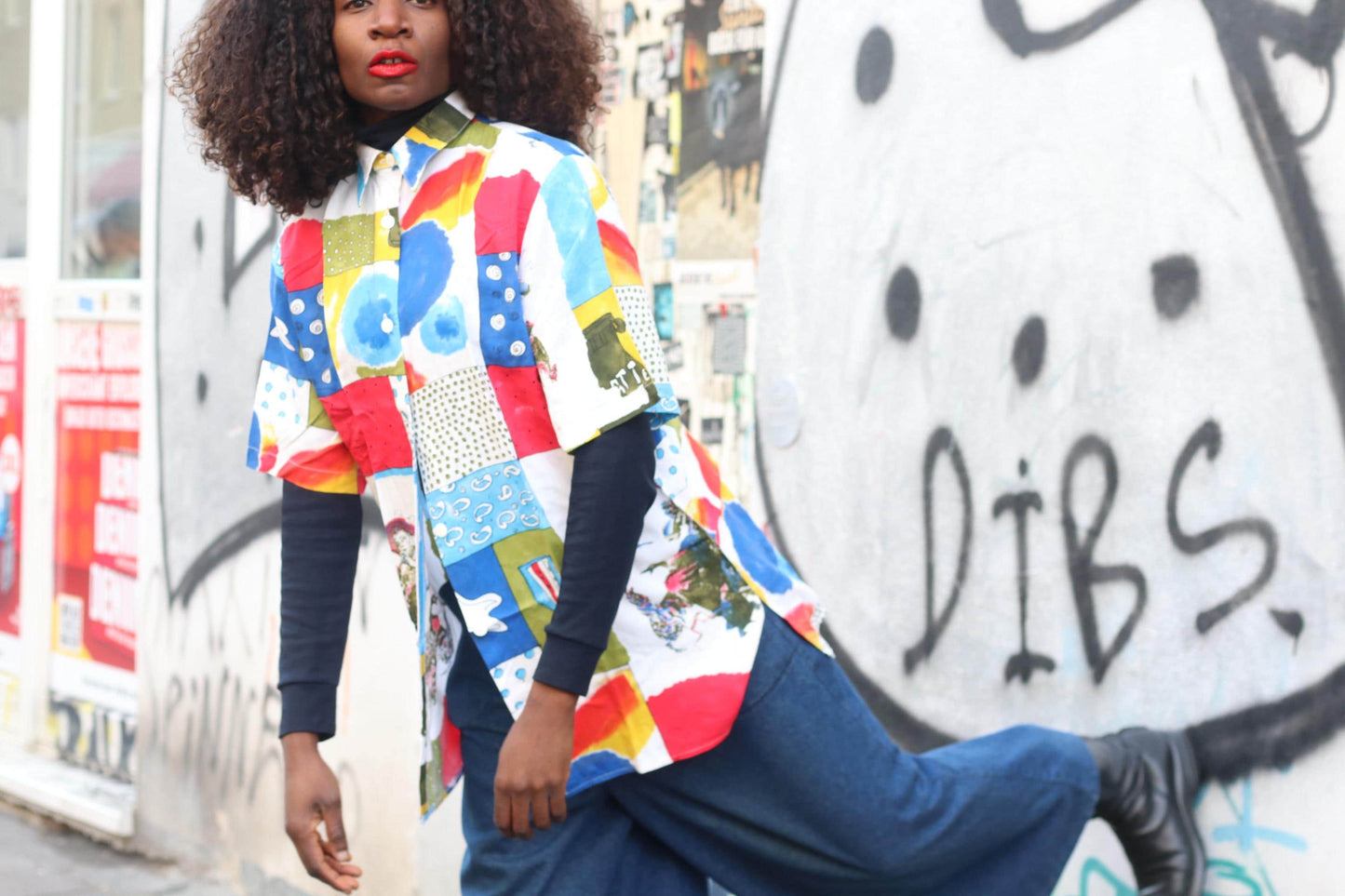 Vintage 90s Art Shirt| Unisex Abstract Patchwork Print Short Sleeve Viscose Blouse Size M