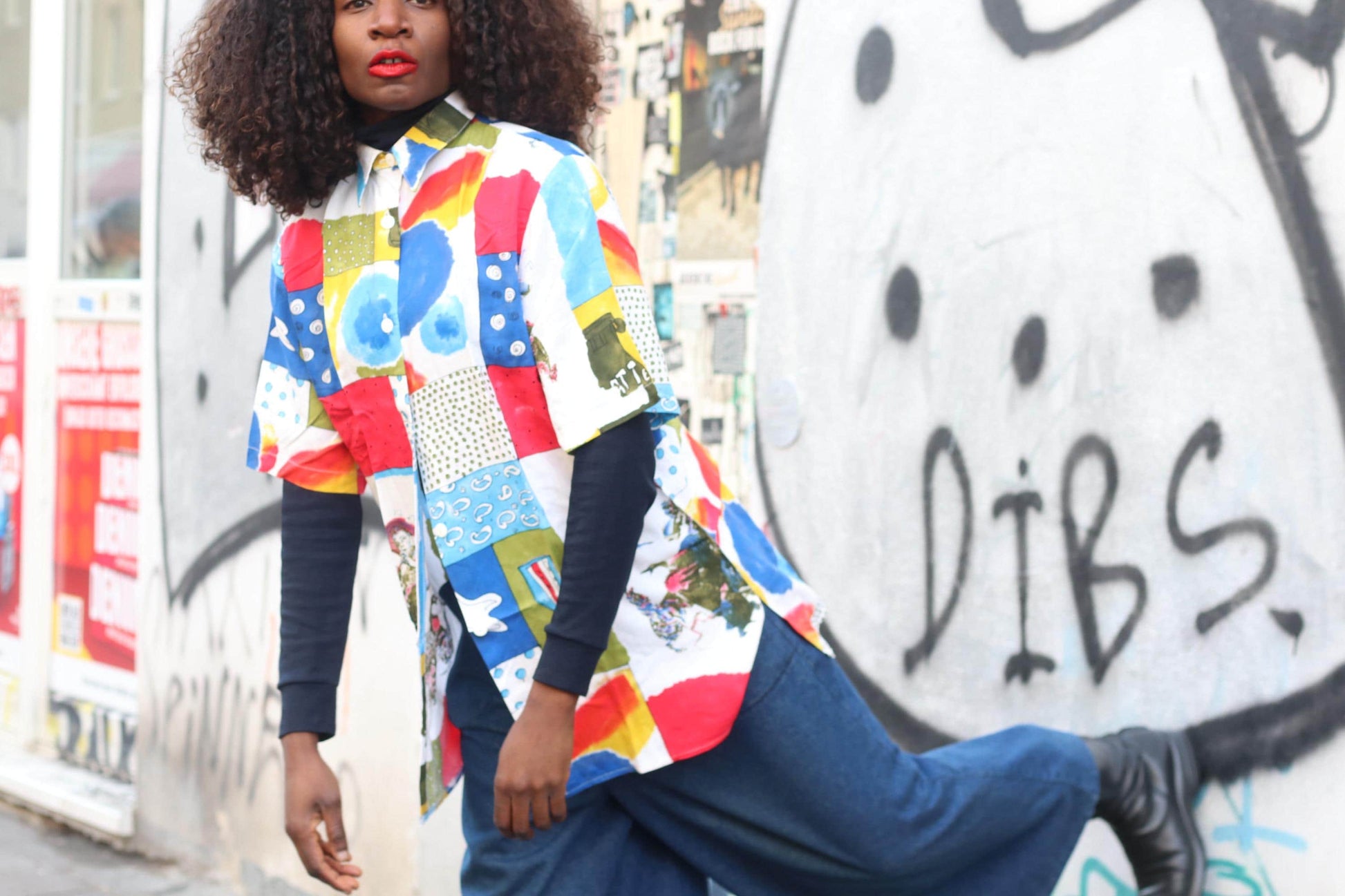 Vintage 90s Art Shirt| Unisex Abstract Patchwork Print Short Sleeve Viscose Blouse Size M