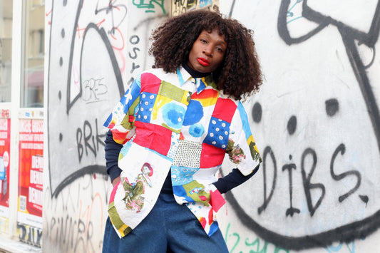 Vintage 90s Art Shirt| Unisex Abstract Patchwork Print Short Sleeve Viscose Blouse Size M