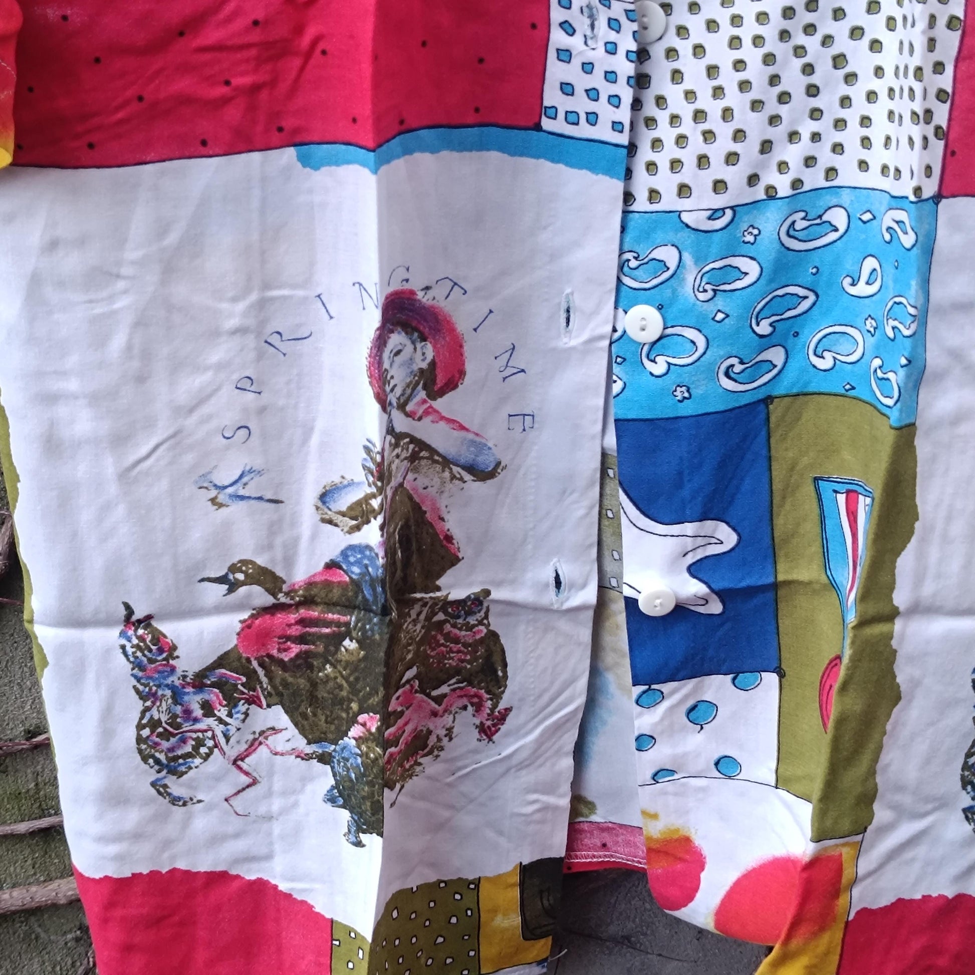 Vintage 90s Art Shirt| Unisex Abstract Patchwork Print Short Sleeve Viscose Blouse Size M