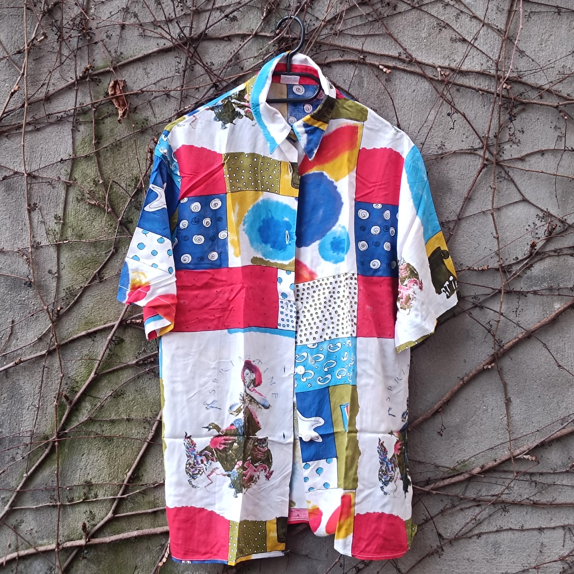 Vintage 90s Art Shirt| Unisex Abstract Patchwork Print Short Sleeve Viscose Blouse Size M