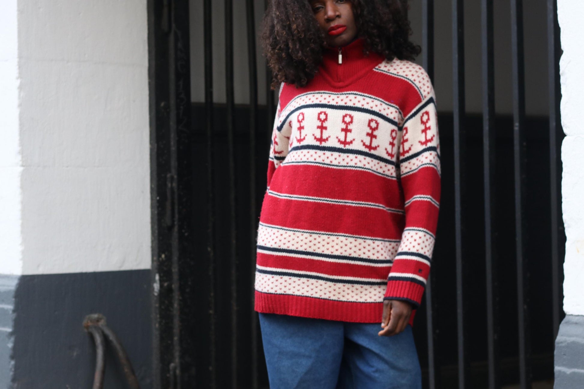 Vintage Nautical Anchor Sweater Red White Oversized Knit Pullover Quarter Zip XL