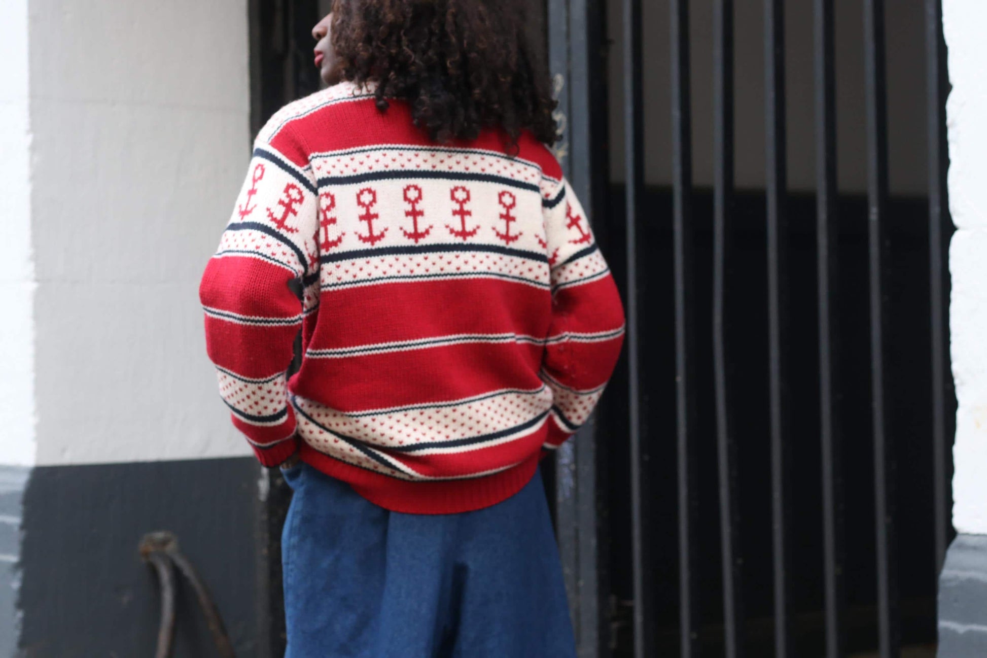 Vintage Nautical Anchor Sweater Red White Oversized Knit Pullover Quarter Zip XL