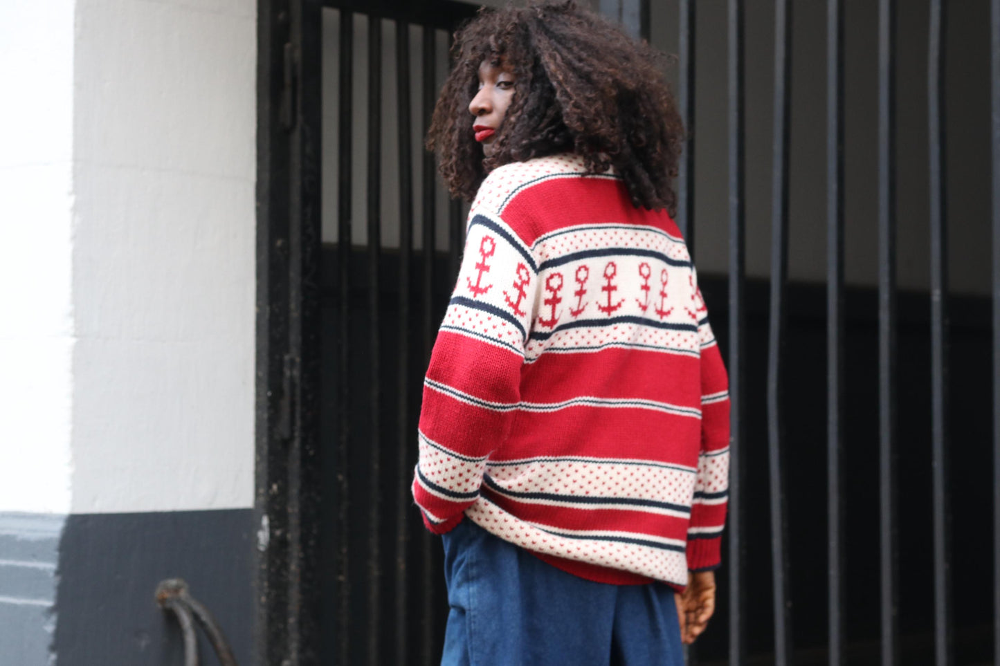 Vintage Nautical Anchor Sweater Red White Oversized Knit Pullover Quarter Zip XL