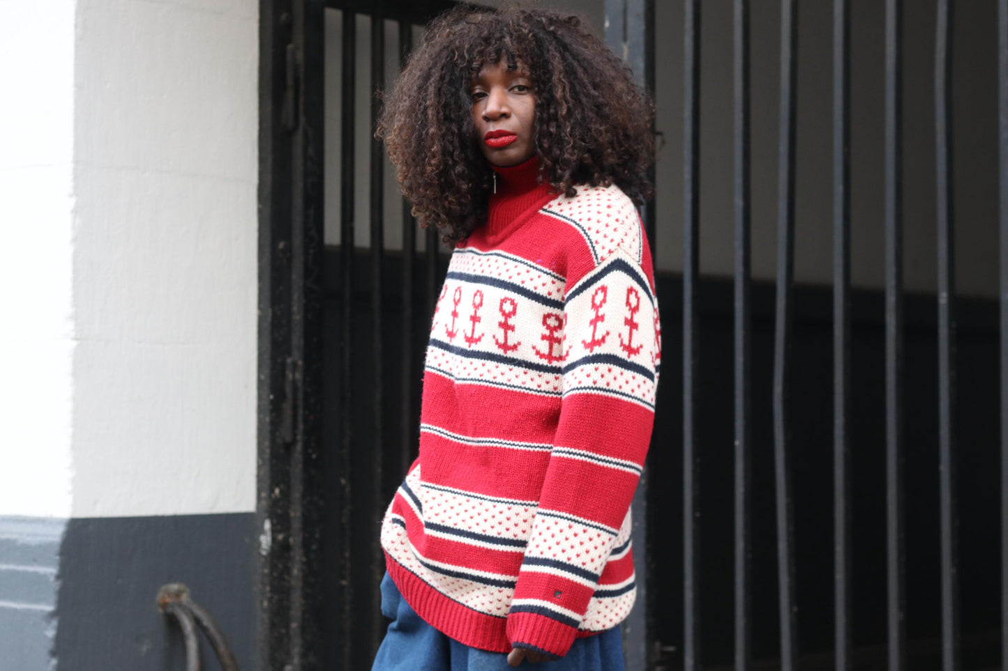 Vintage Nautical Anchor Sweater Red White Oversized Knit Pullover Quarter Zip XL