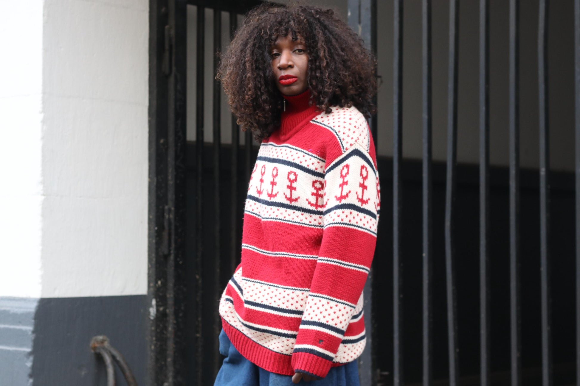 Vintage Nautical Anchor Sweater Red White Oversized Knit Pullover Quarter Zip XL