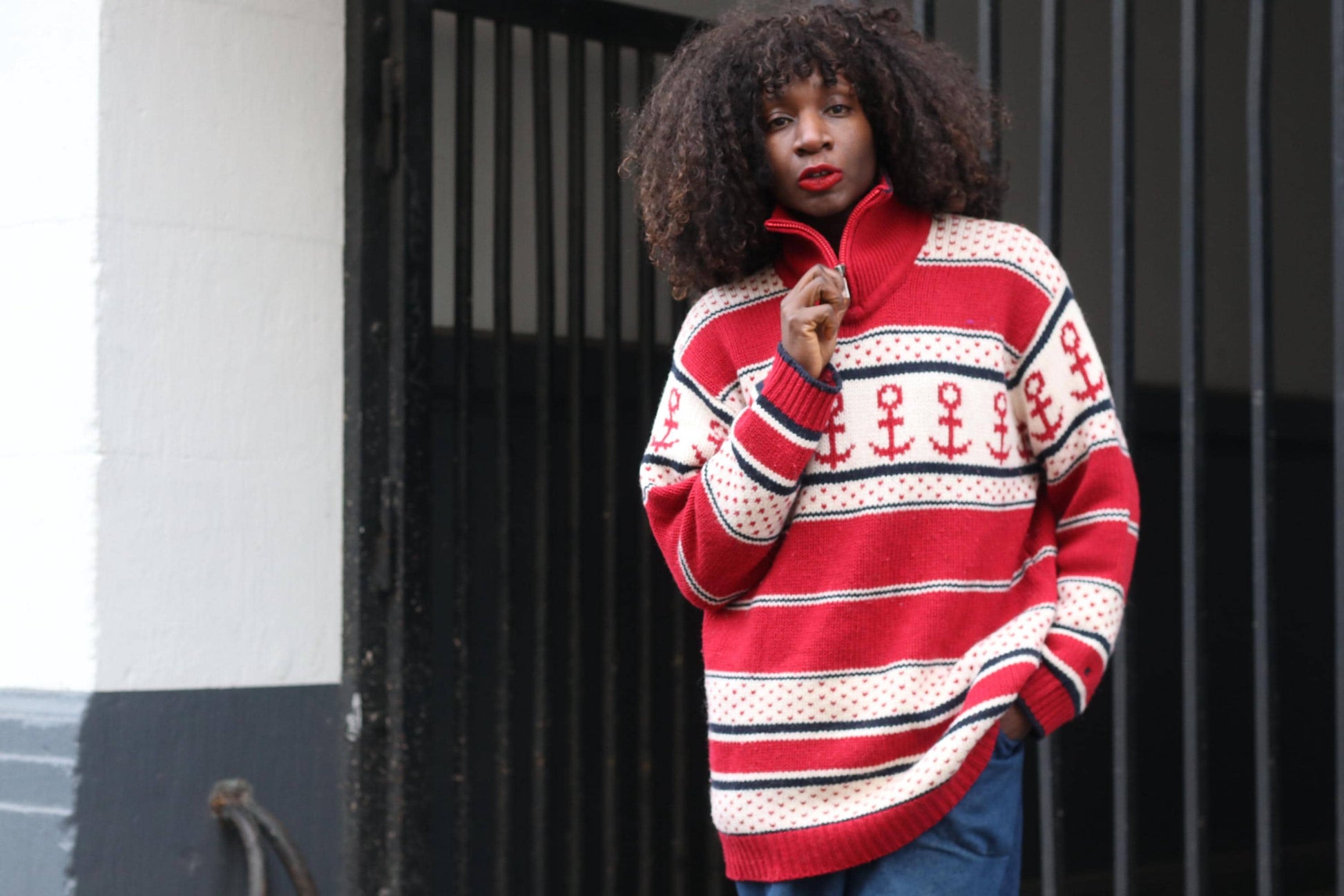 Vintage Nautical Anchor Sweater Red White Oversized Knit Pullover Quarter Zip XL