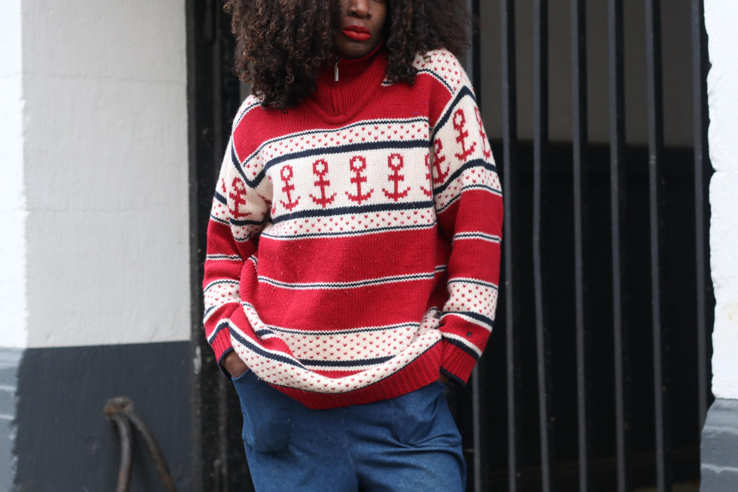 Vintage Nautical Anchor Sweater Red White Oversized Knit Pullover Quarter Zip XL