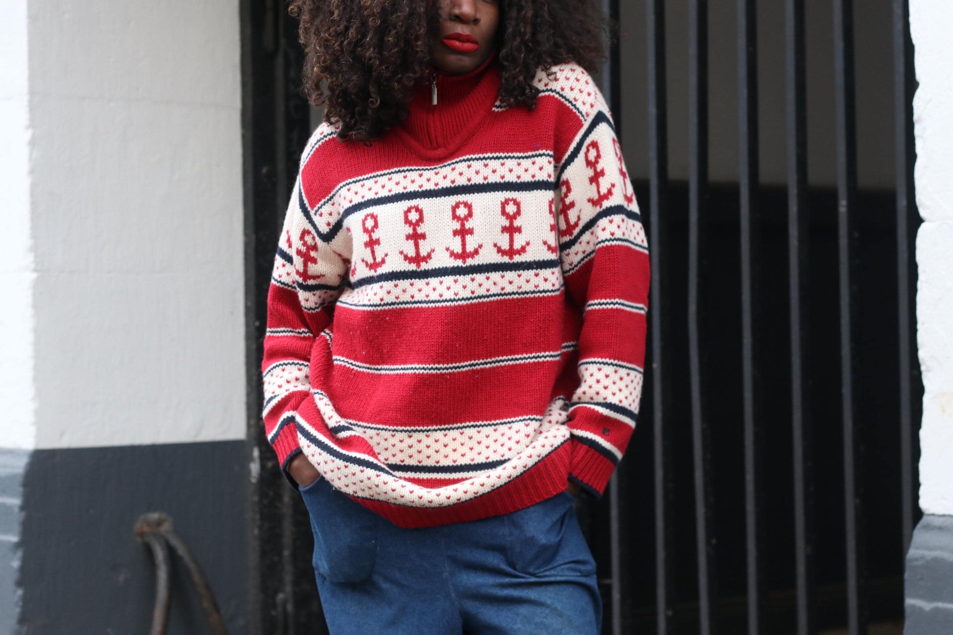 Vintage Nautical Anchor Sweater Red White Oversized Knit Pullover Quarter Zip XL