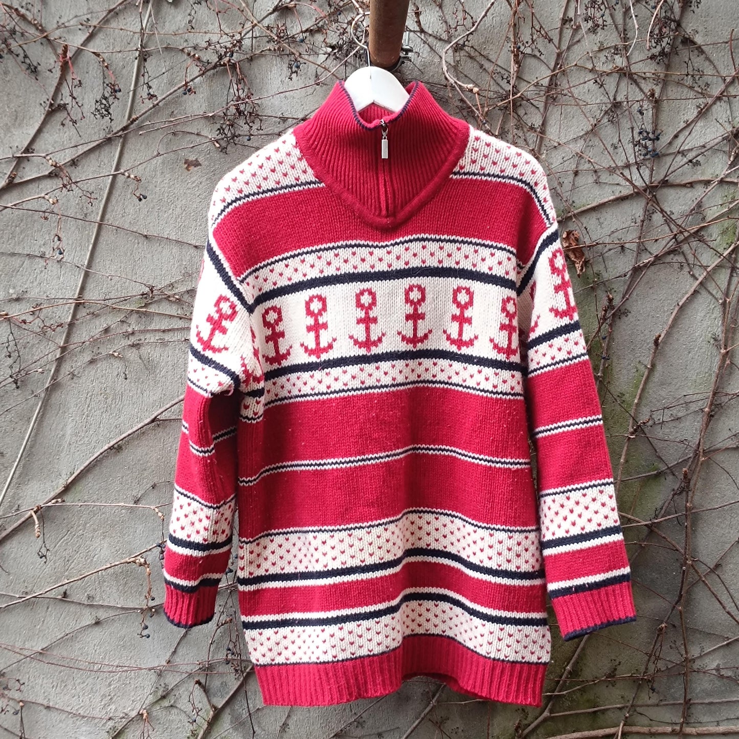 Vintage Nautical Anchor Sweater Red White Oversized Knit Pullover Quarter Zip XL