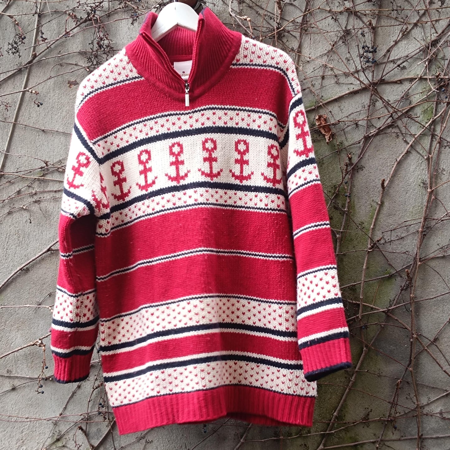 Vintage Nautical Anchor Sweater Red White Oversized Knit Pullover Quarter Zip XL