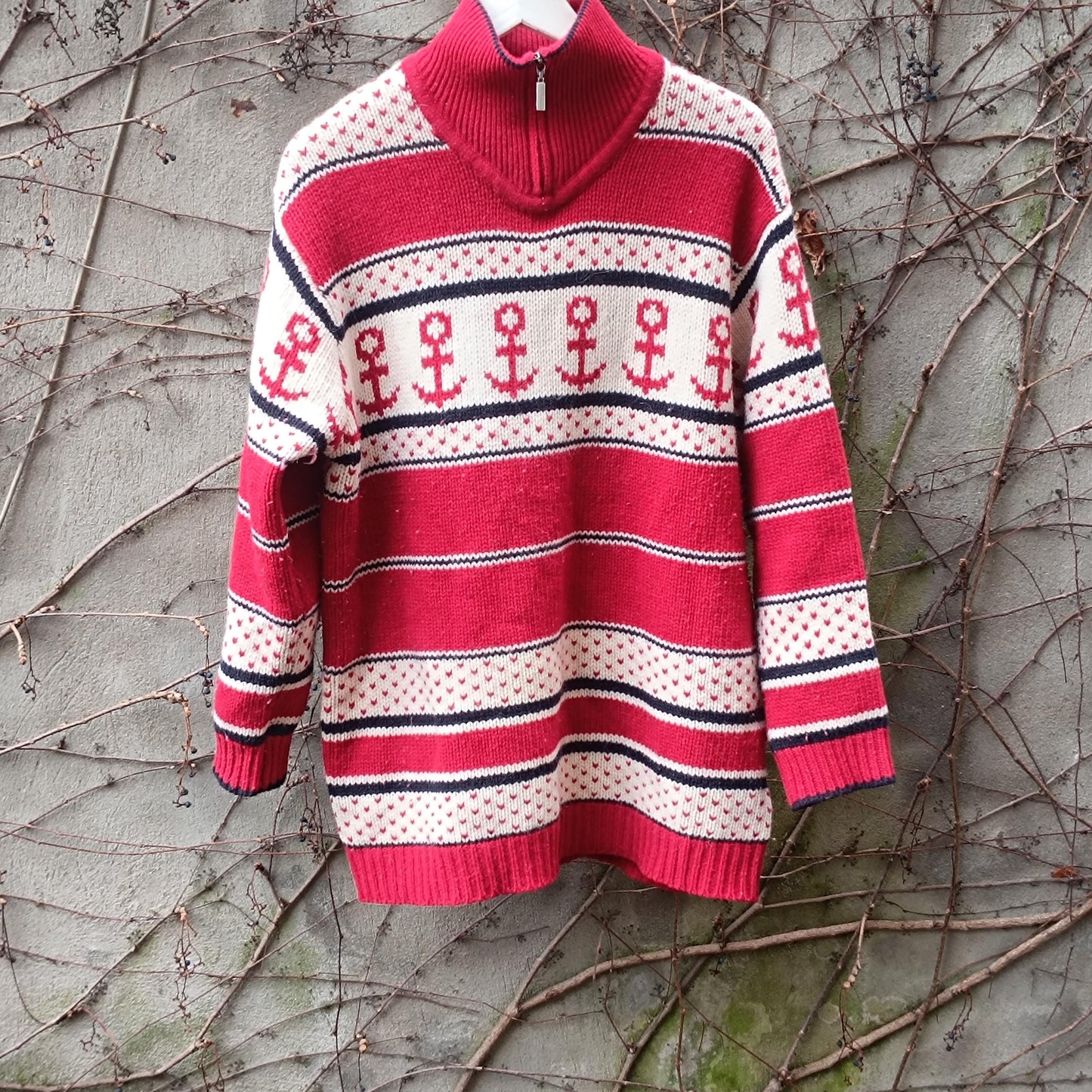 Vintage Nautical Anchor Sweater Red White Oversized Knit Pullover Quarter Zip XL