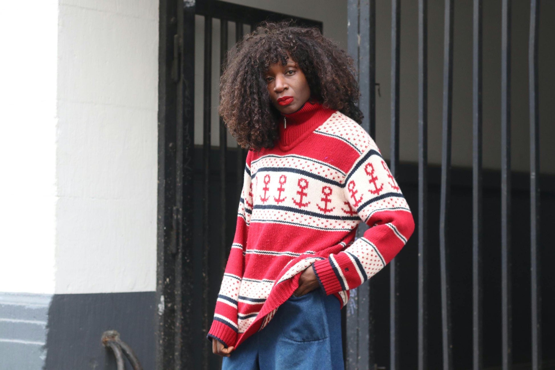 Vintage Nautical Anchor Sweater Red White Oversized Knit Pullover Quarter Zip XL