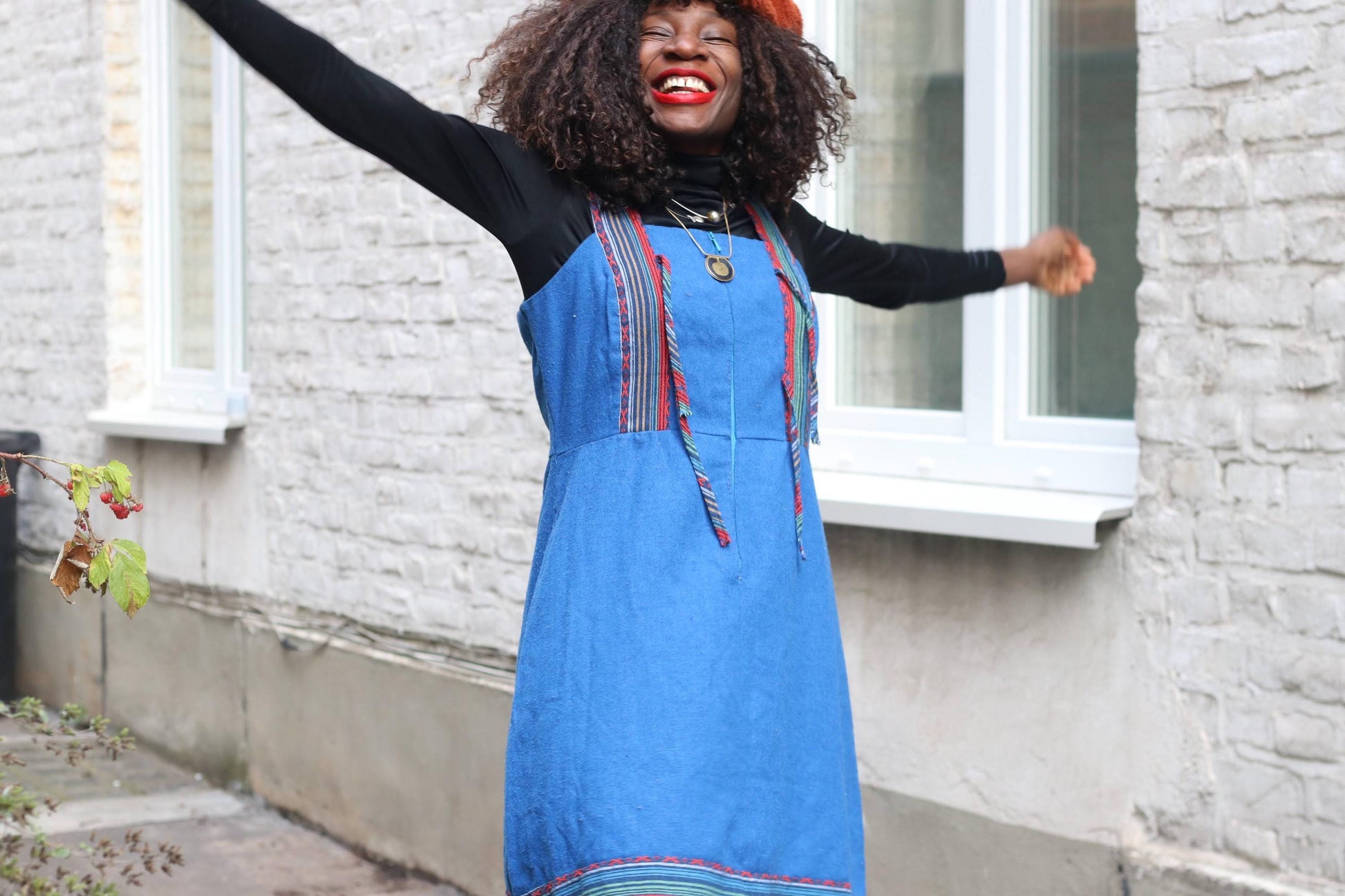 Vintage Petri of Sweden Blue Wool Blend Pinafore Dress Scandinavian Minimalist 70s