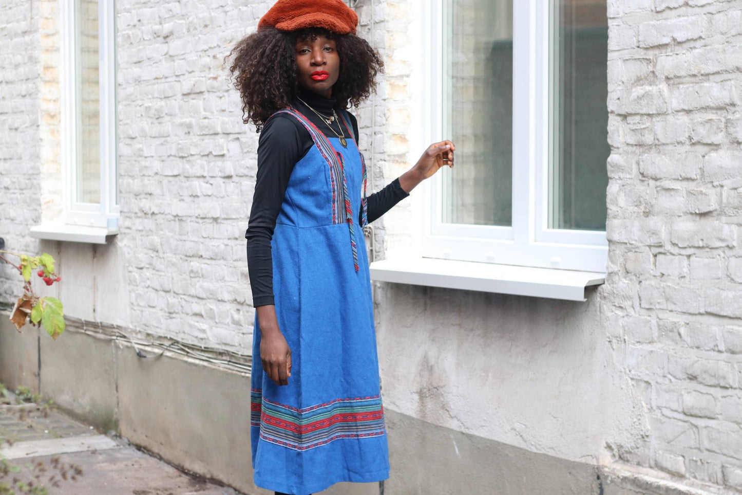 Vintage Petri of Sweden Blue Wool Blend Pinafore Dress Scandinavian Minimalist 70s