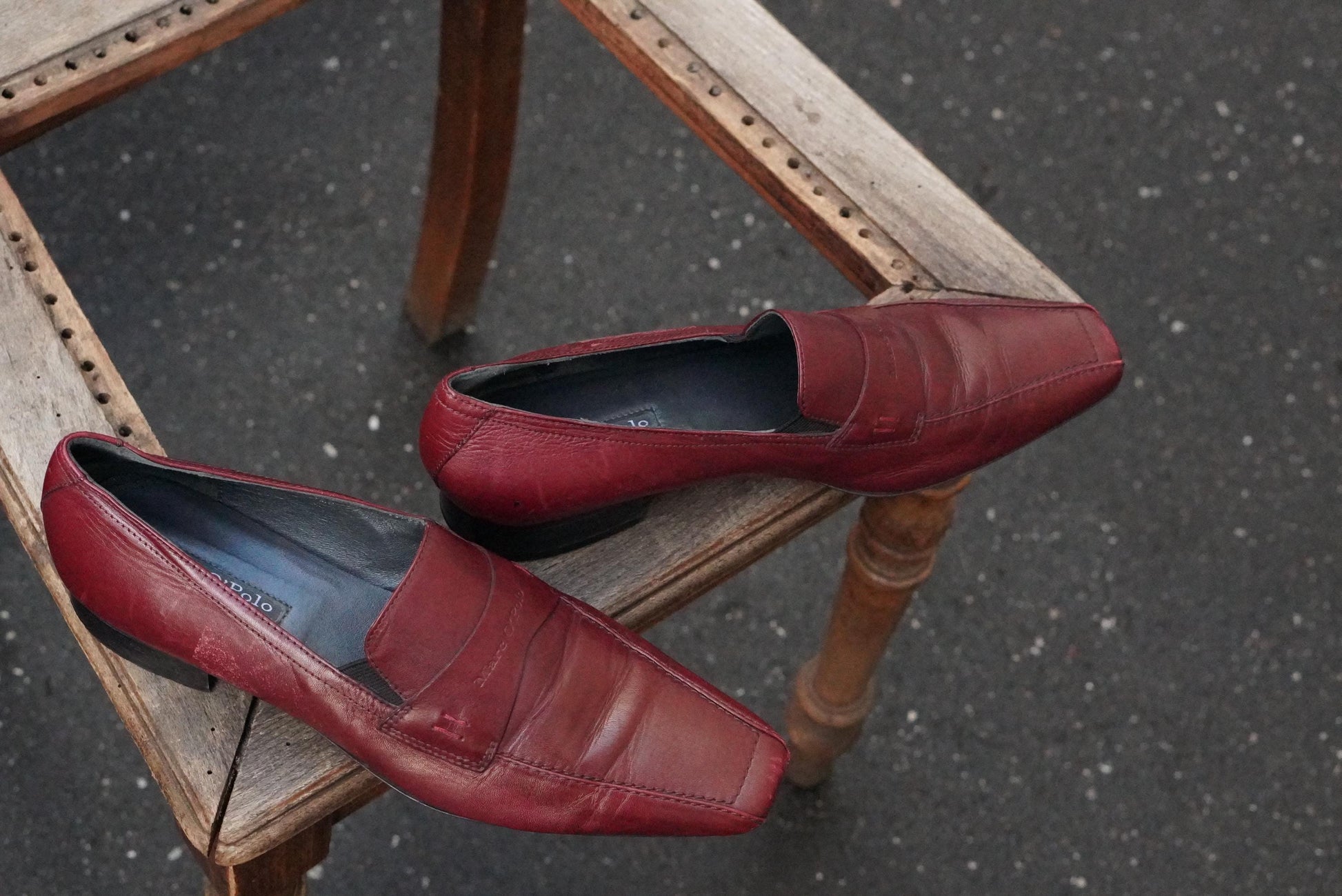 Vintage Burgundy Leather Loafers Square Toe Slip On Shoes Oxblood Red 90s Flats