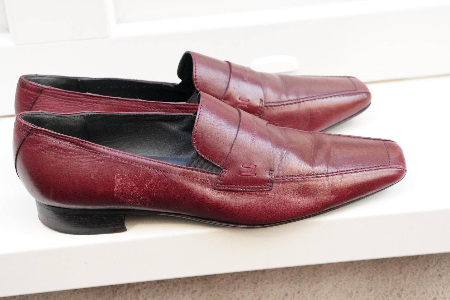 Vintage Burgundy Leather Loafers Square Toe Slip On Shoes Oxblood Red 90s Flats