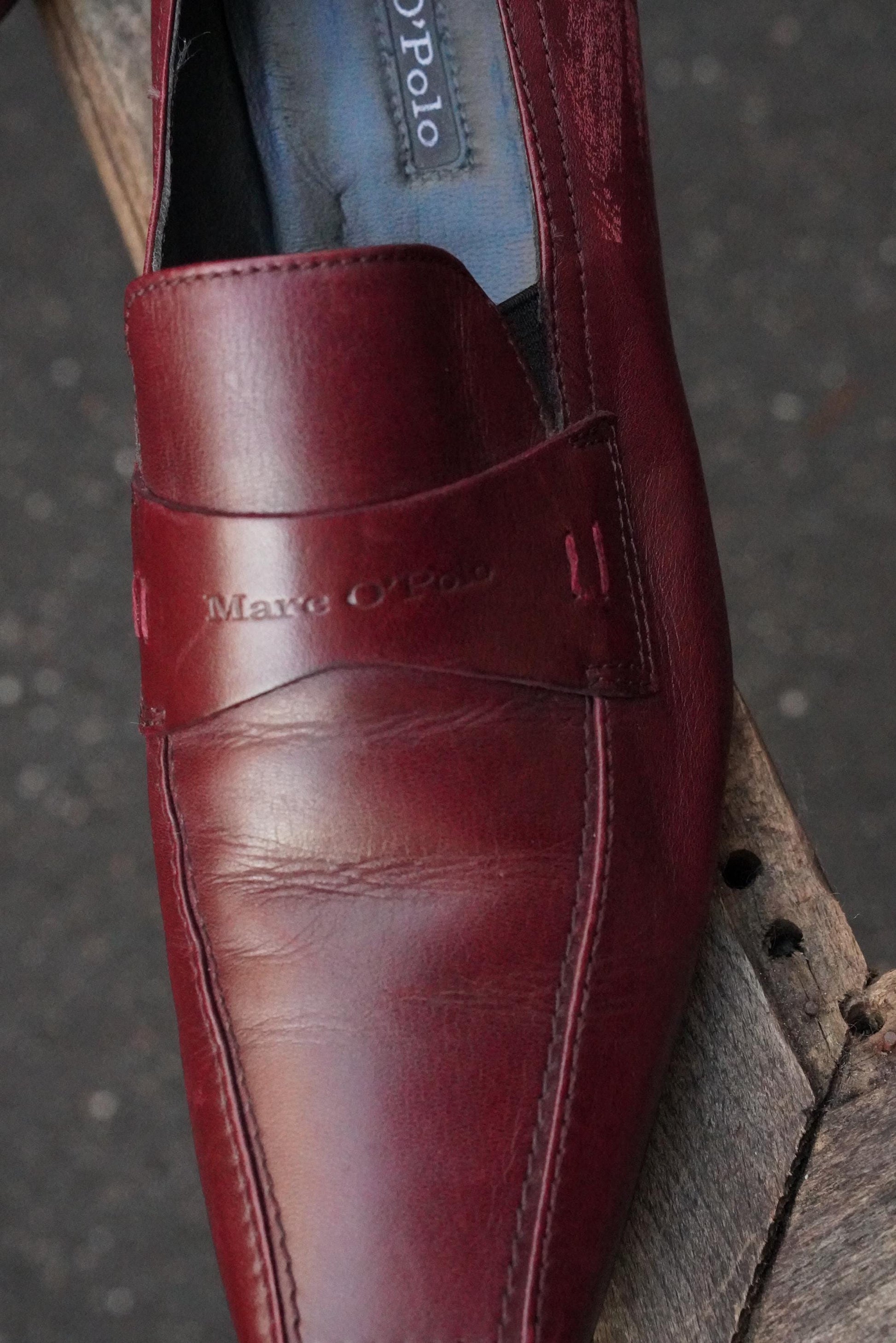 Vintage Burgundy Leather Loafers Square Toe Slip On Shoes Oxblood Red 90s Flats