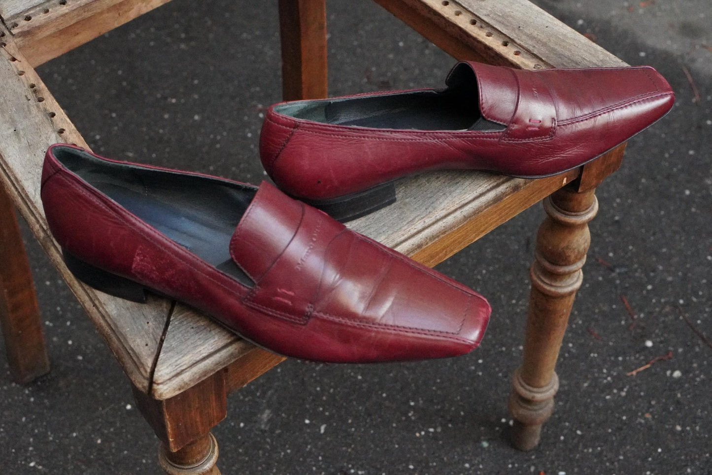 Vintage Burgundy Leather Loafers Square Toe Slip On Shoes Oxblood Red 90s Flats