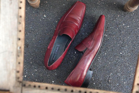 Vintage Burgundy Leather Loafers Square Toe Slip On Shoes Oxblood Red 90s Flats