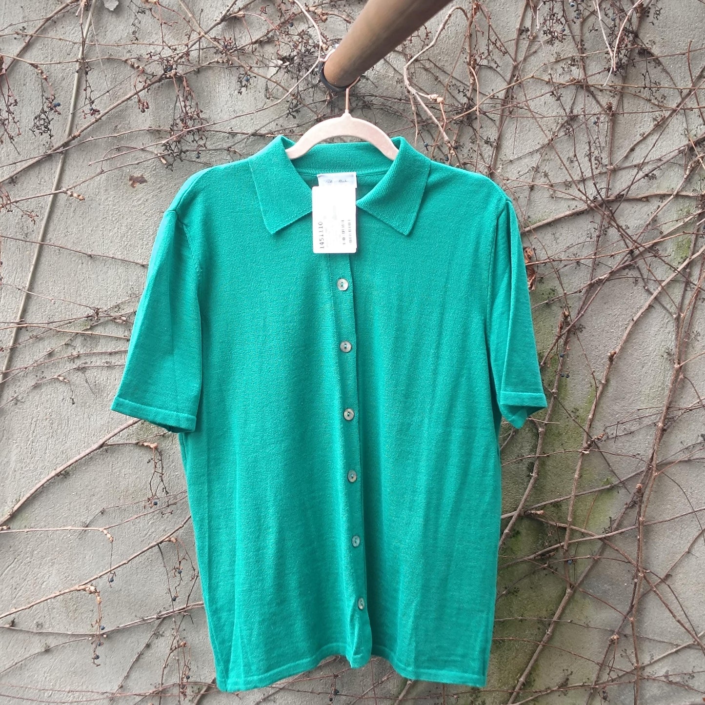 Vintage Deadstock Green Virgin Wool Cotton Polo Knit Cardigan Size M-L