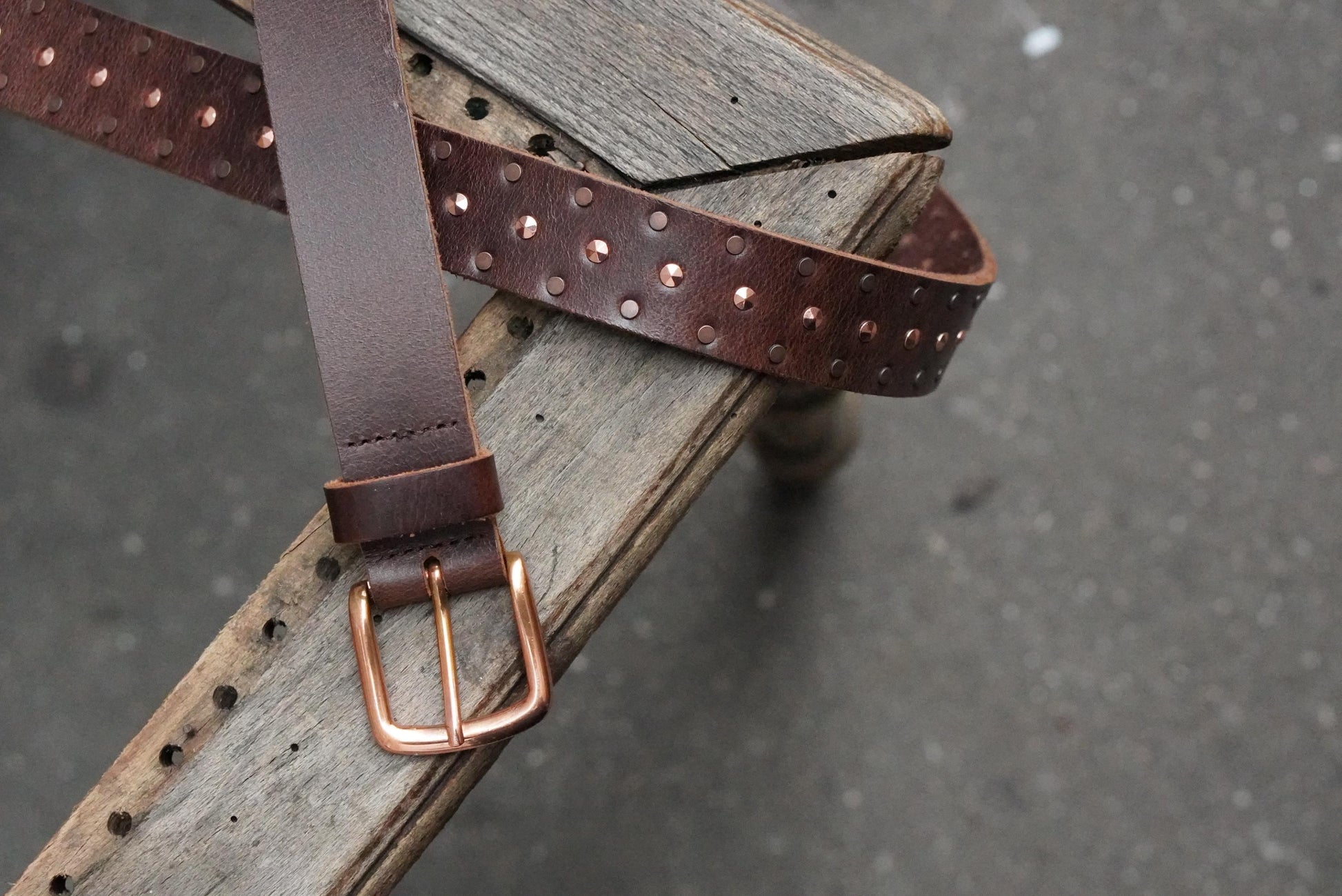 Vintage Studded Leather Belt Brown Copper Buckle Boho Western Waist Belt Size 105