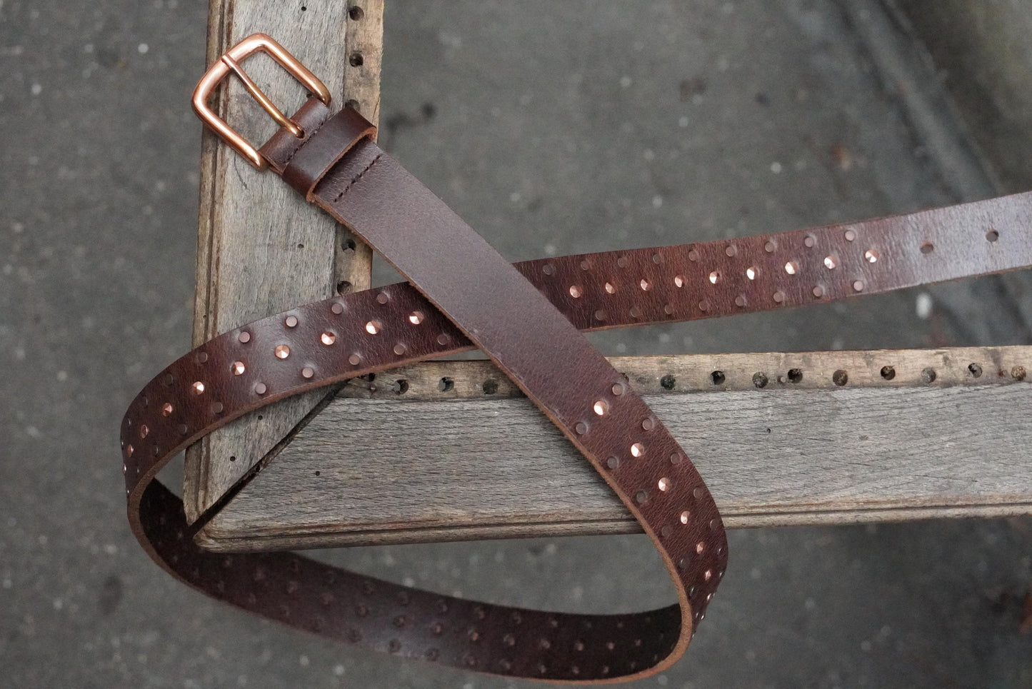Vintage Studded Leather Belt Brown Copper Buckle Boho Western Waist Belt Size 105