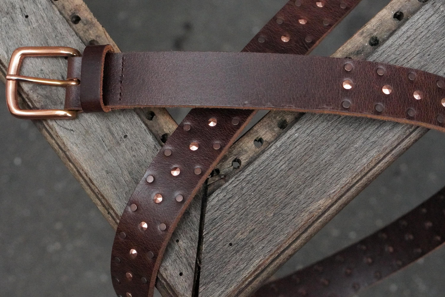 Vintage Studded Leather Belt Brown Copper Buckle Boho Western Waist Belt Size 105