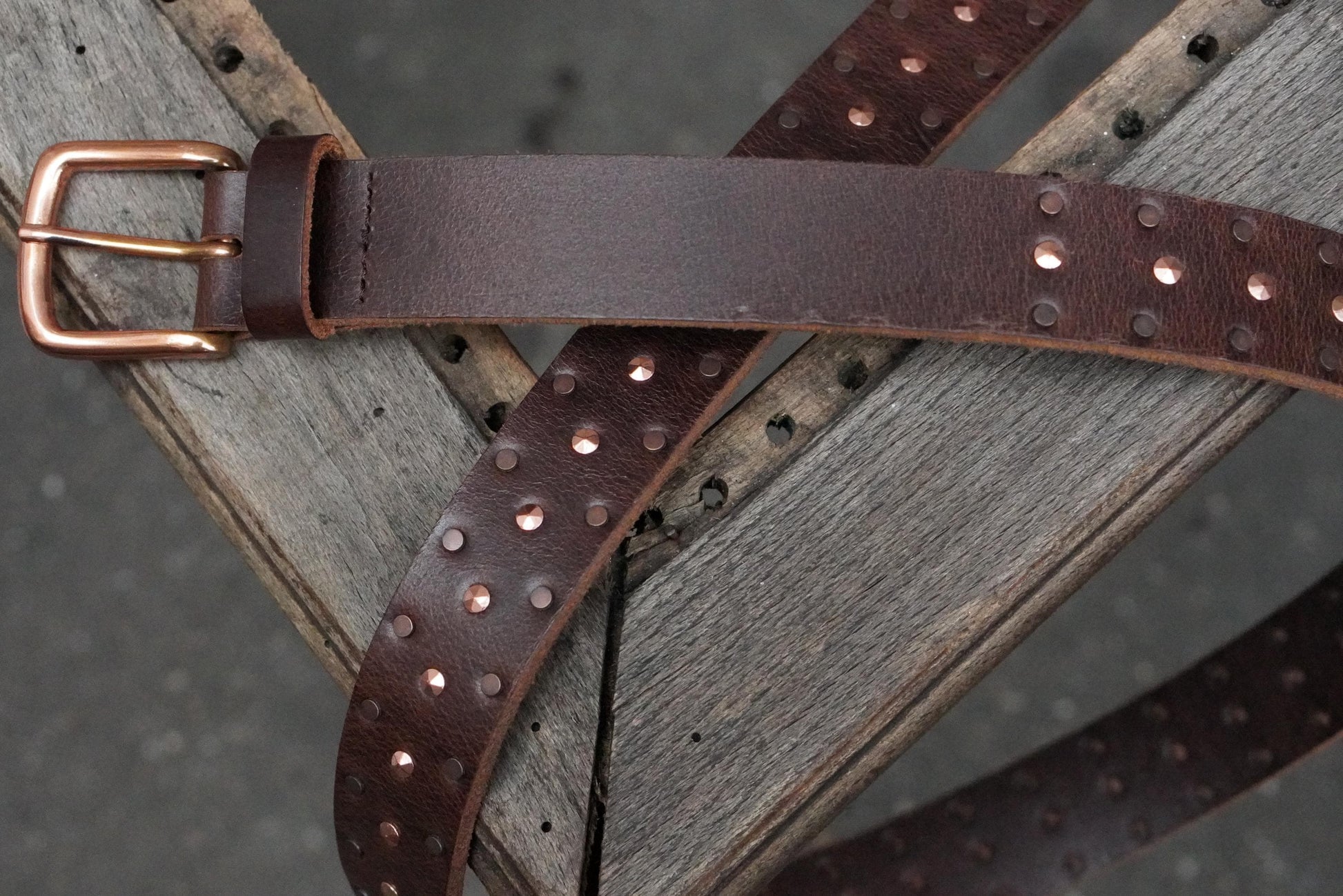 Vintage Studded Leather Belt Brown Copper Buckle Boho Western Waist Belt Size 105
