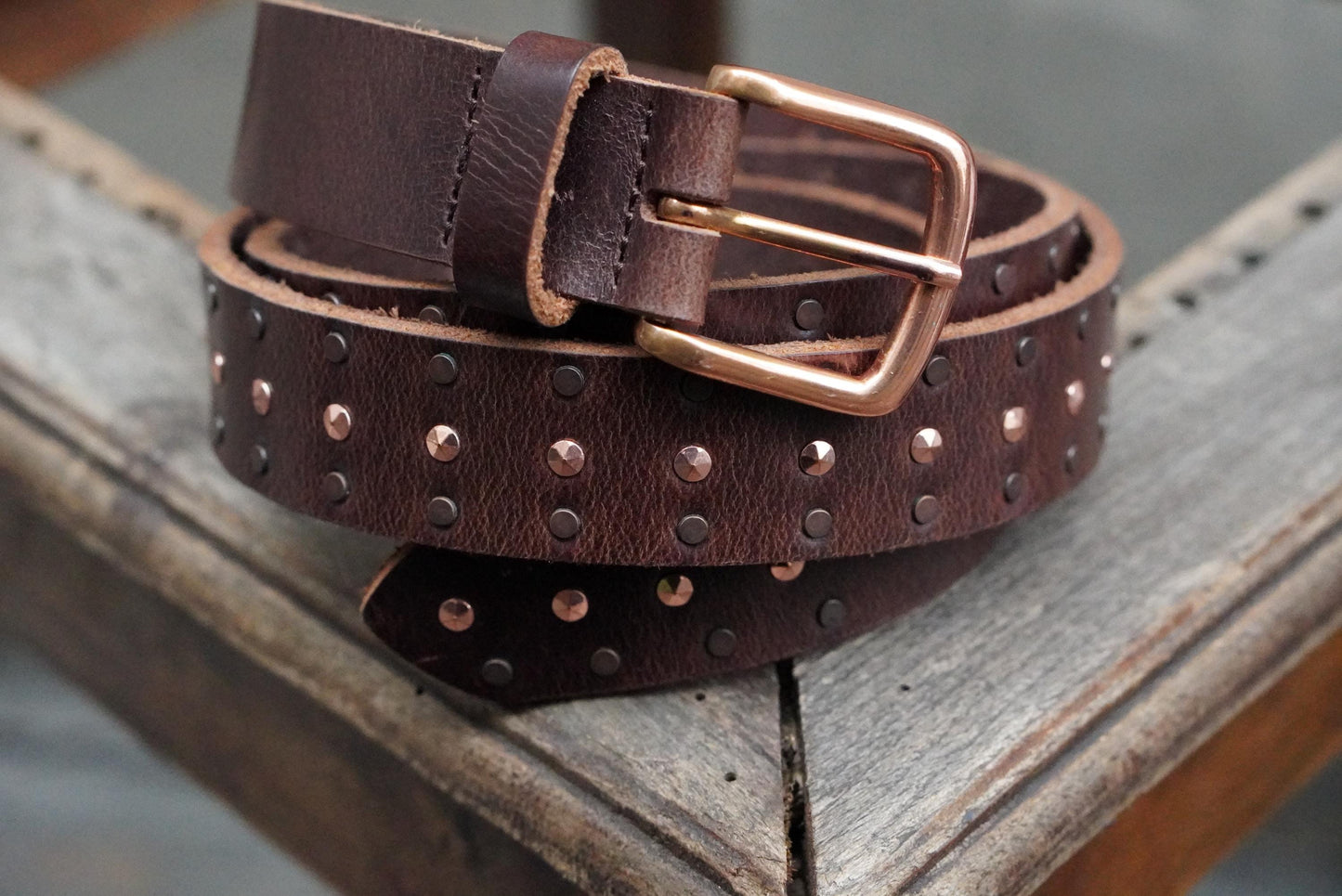 Vintage Studded Leather Belt Brown Copper Buckle Boho Western Waist Belt Size 105