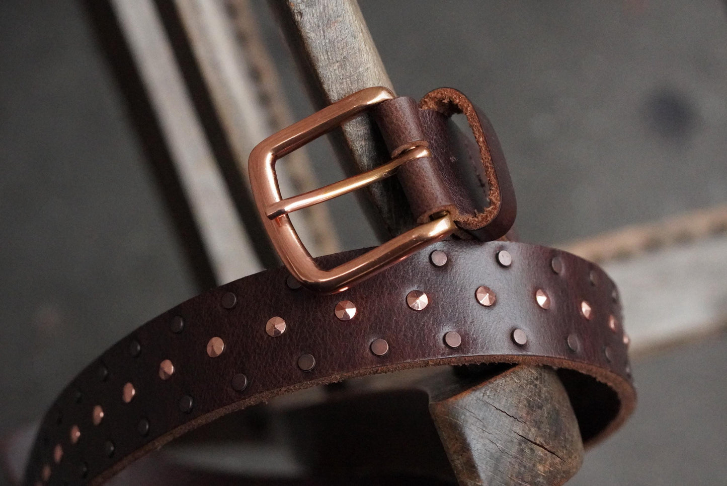 Vintage Studded Leather Belt Brown Copper Buckle Boho Western Waist Belt Size 105