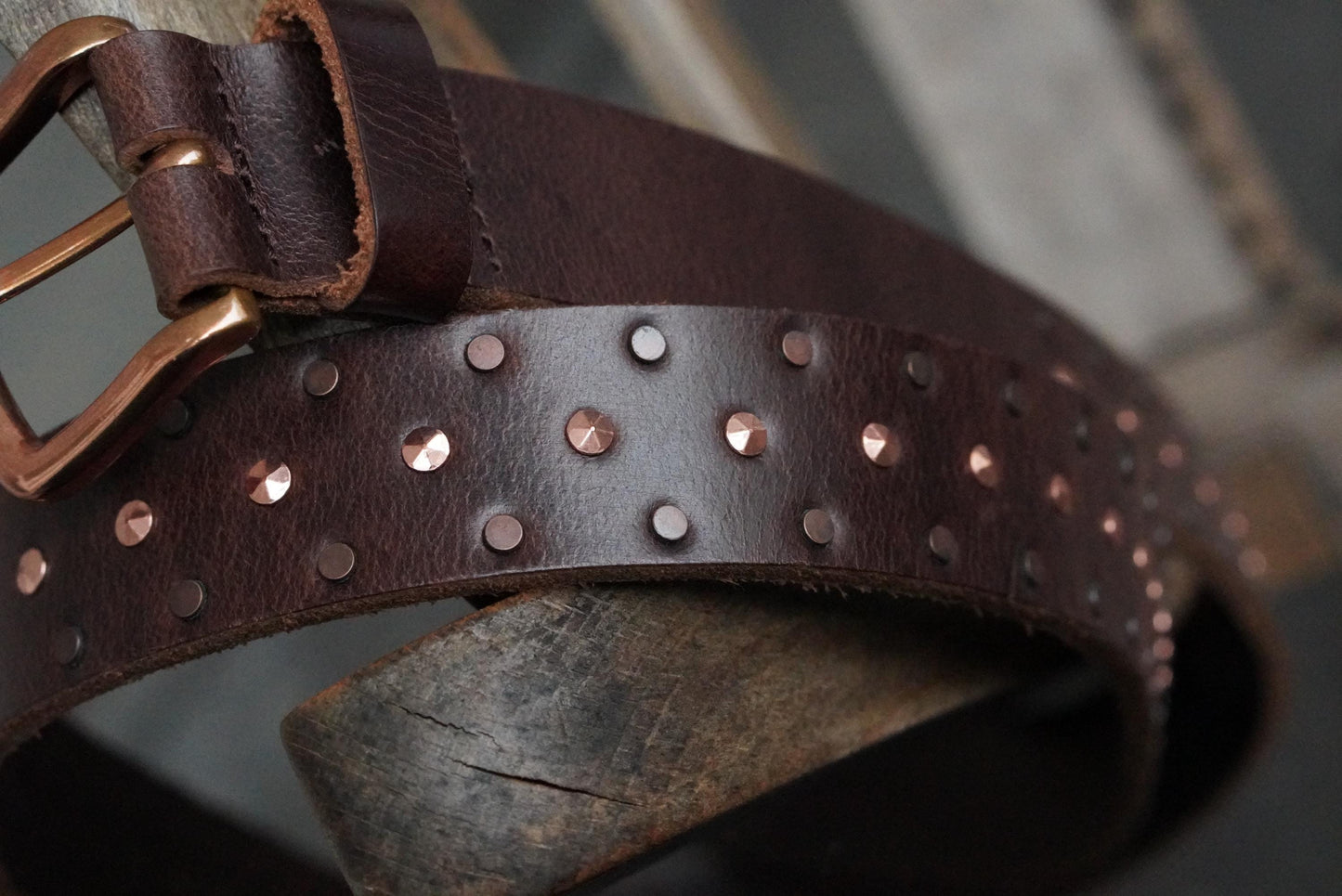 Vintage Studded Leather Belt Brown Copper Buckle Boho Western Waist Belt Size 105
