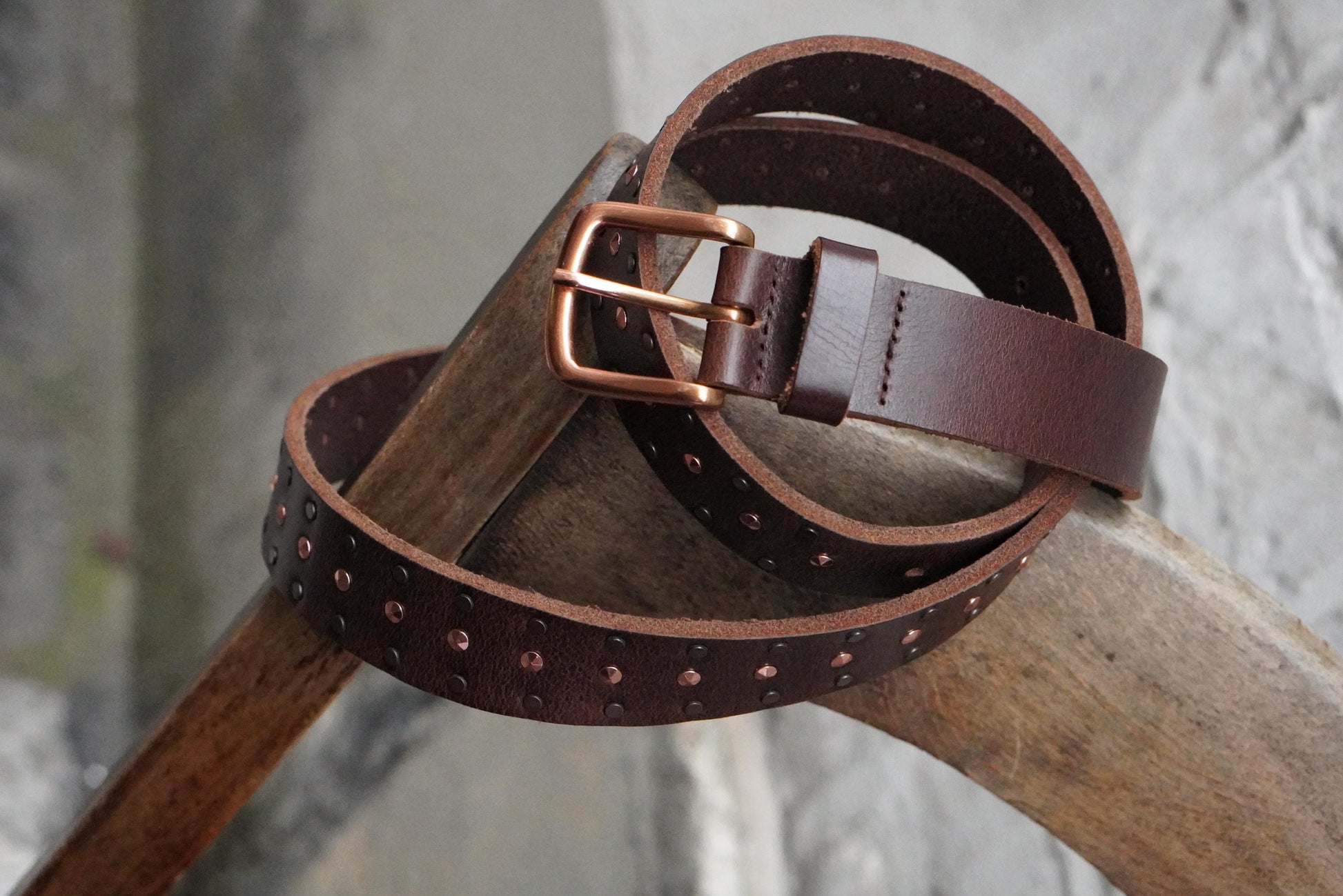 Vintage Studded Leather Belt Brown Copper Buckle Boho Western Waist Belt Size 105