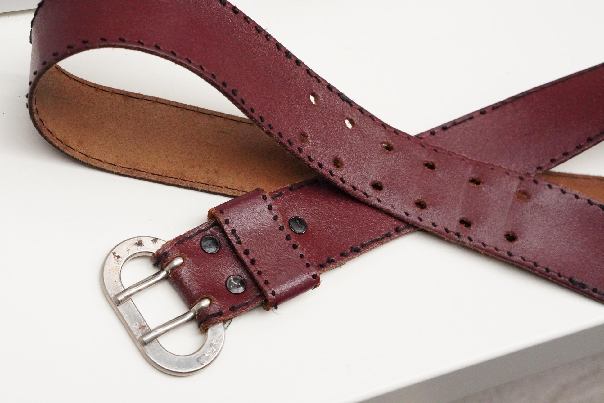 Vintage Burgundy Leather Belt| 80s Double Prong Silver Buckle Wide Red Boho Waist Belt