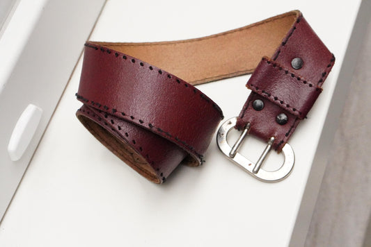 Vintage Burgundy Leather Belt| 80s Double Prong Silver Buckle Wide Red Boho Waist Belt