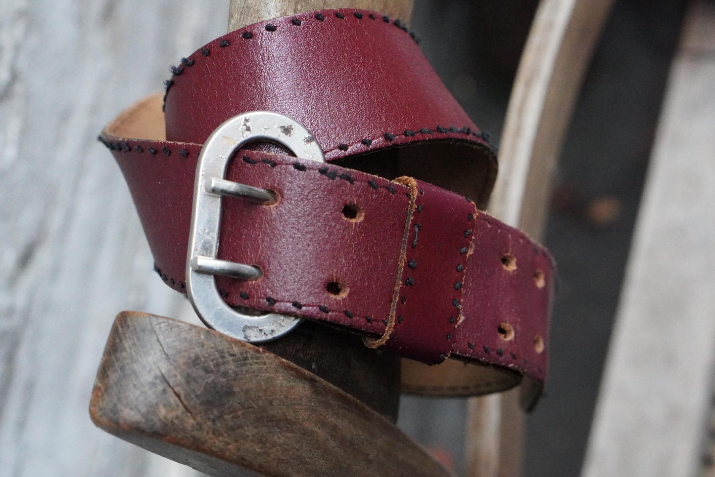 Vintage Burgundy Leather Belt| 80s Double Prong Silver Buckle Wide Red Boho Waist Belt