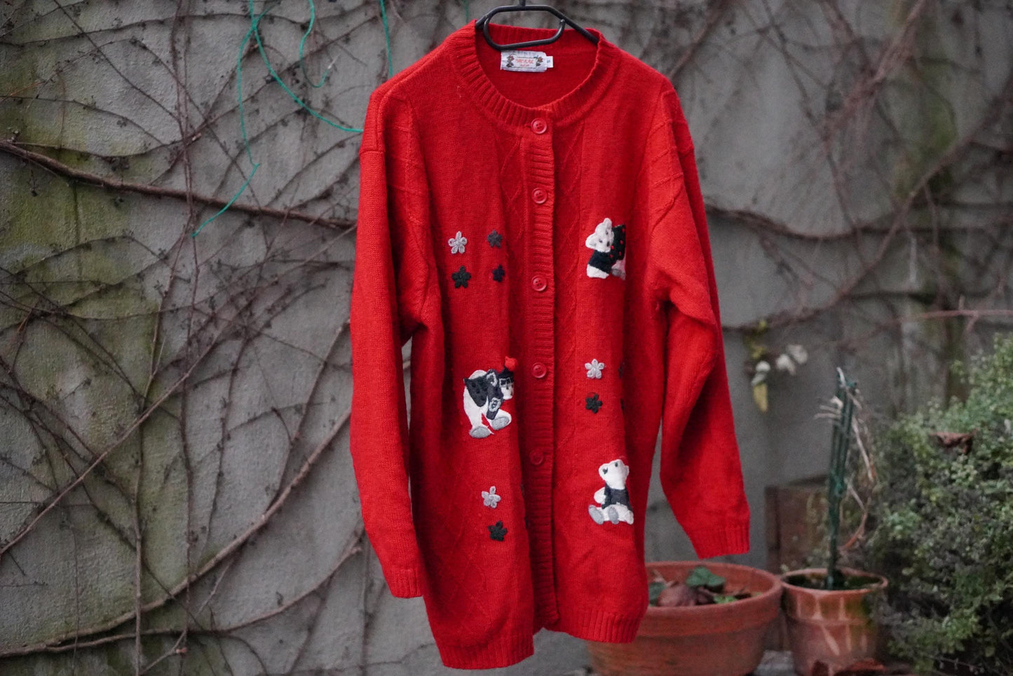 Vintage Red Wool Blend Cardigan: Bear Applique, Size S